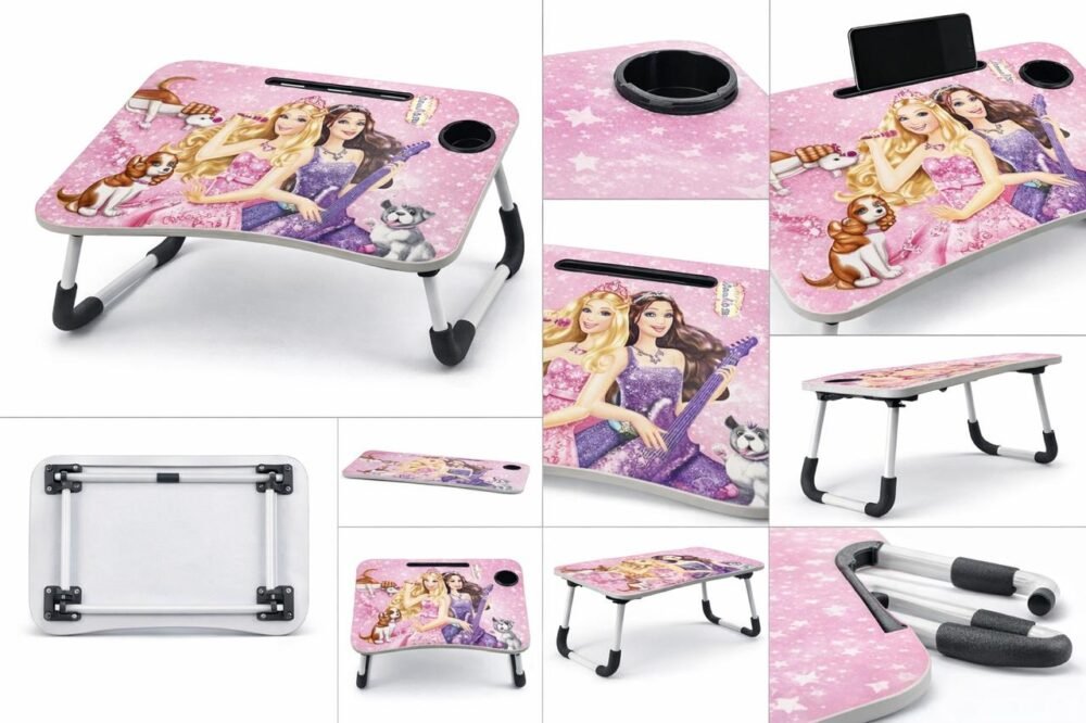 Folding Study Table with Cup Holder & Mobile Stand | Barbie Princess Design | Portable Laptop Table