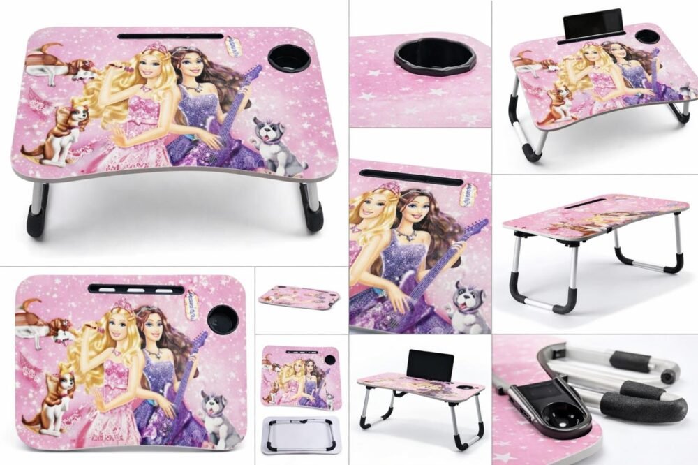 Folding Study Table with Cup Holder & Mobile Stand | Barbie Princess Design | Portable Laptop Table